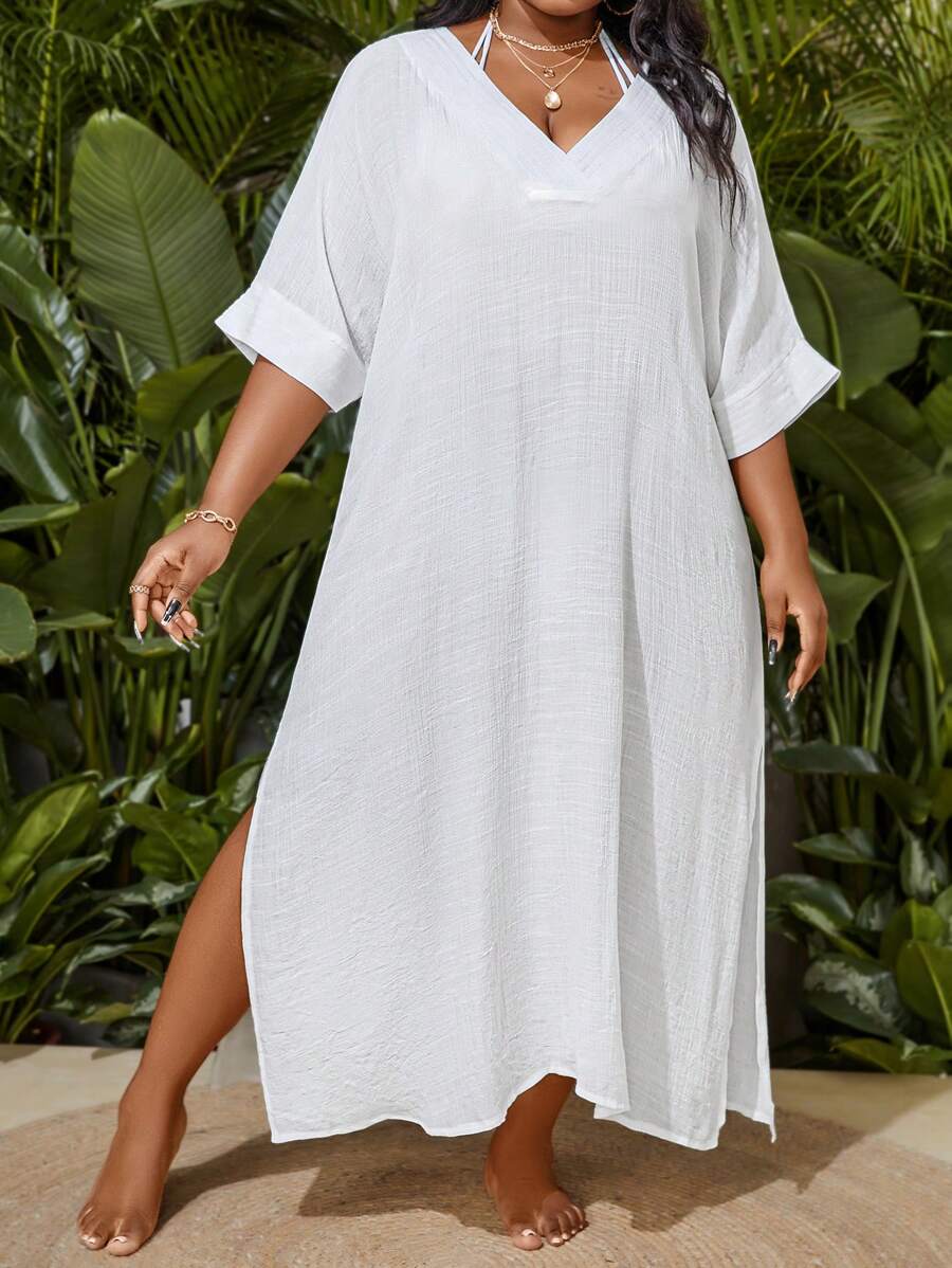 Slaydiva Summer Beach Plus Size 1pc V-Neck Batwing Sleeve Slit Side Cover Up Dress Wedding - White - View 1