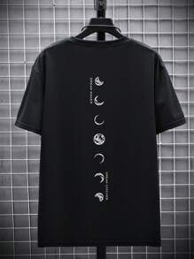 Men's Casual Breathable Tee, Moon Print On Back Short Sleeve T-Shirt - Black - View 3