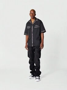 SUMWON Áo sơ mi cổ Revere có chi tiết viền in và thêu phía trước - màu đen - Xem 3