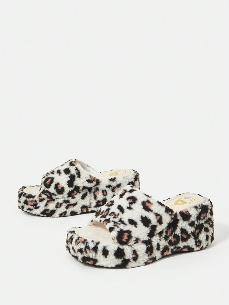 Ladies' White Leopard Print Fluffy Wedge Sandals With Platform, Casual Style New Arrival