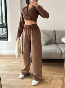 EURMUSE 2pcs/Set Lapel Collar Cropped Jacket & Stech Waist Pants - Coffee Brown - View 5