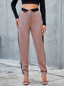 RueChic Contrast Cuffed Waist Tapered Trousers - Black and White - View 1