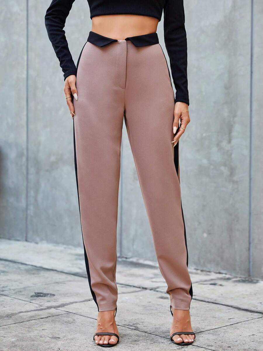 RueChic Contrast Cuffed Waist Tapered Trousers - Black and White - View 1