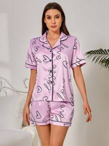 Women'S Heart Print Short Sleeve Pajama Set With Shorts - Pink - View 6
