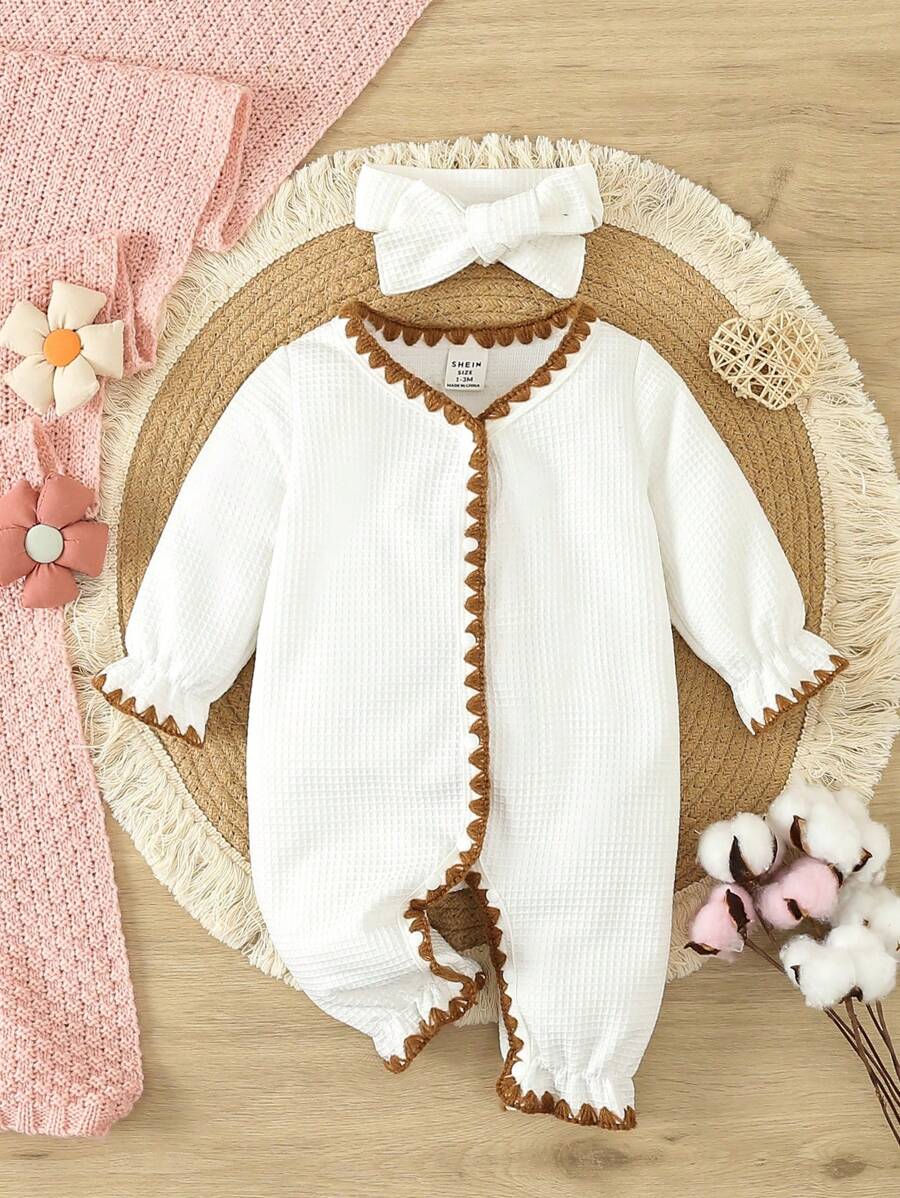 SHEIN 女嬰對比色側邊嵌條袖睡衣連髮帶