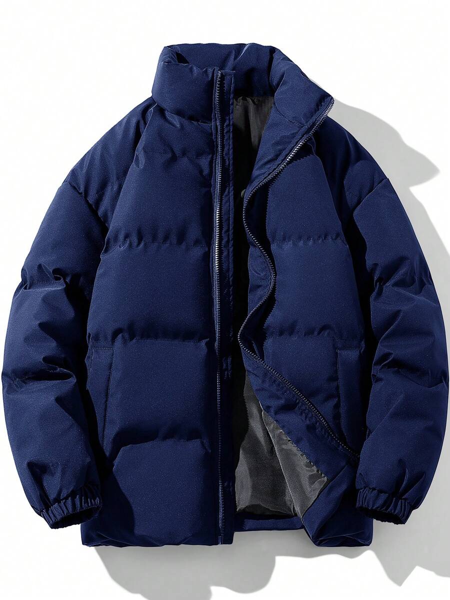 Manfinity Homme 男士寬鬆實色立體圓領棉袄 - 藏蓝色 - 查看 1