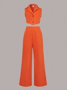 SHEIN Tween Girls' Sleeveless Shirt With Turn-Down Collar And Pants Two-Piece Set - Orange - View 1