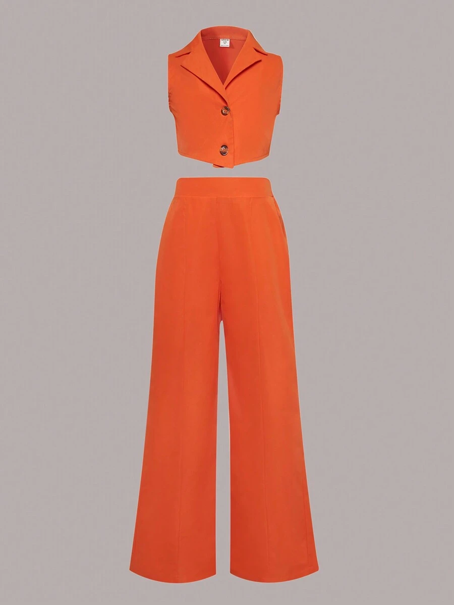 SHEIN Tween Girls' Sleeveless Shirt With Turn-Down Collar And Pants Two-Piece Set - Orange - View 1
