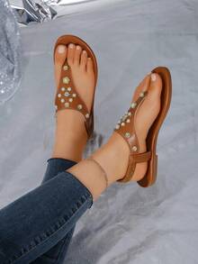 女款平底涼鞋夏季丁字褲串珠圓頭大尺碼棕色時尚百搭平底涼鞋 - 棕色 - 查看 6