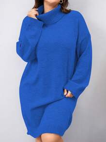 Mulvari 女士加大碼高領純色毛衣連衣裙 - 藍色 - 查看 1