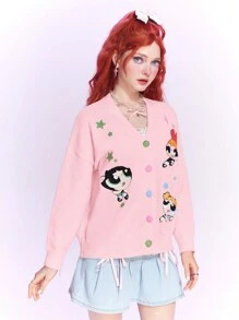 The Powerpuff Girls | ROMWE Cárdigan Con Botonera En Terciopelo Y Estampado De Caricaturas Para Mujer Con Hombro Caído - Rosa - Ver 7