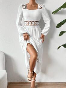 SHEIN Frenchy Women's Embroidery Patchwork Hollow Out Dress - White - View 3