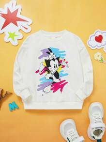 ANIMANIACS X SHEIN Cô Gái Trẻ Hoạt hình In Vòng cổ Thả vai Lỏng lẻo Áo nỉ - trắng - Xem 1