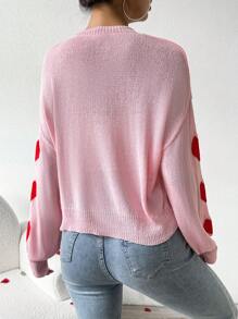 SHEIN LUNE Heart Pattern Drop Shoulder Sweater Top Knit Pullover Fall Winter Sweater - Pink - View 2