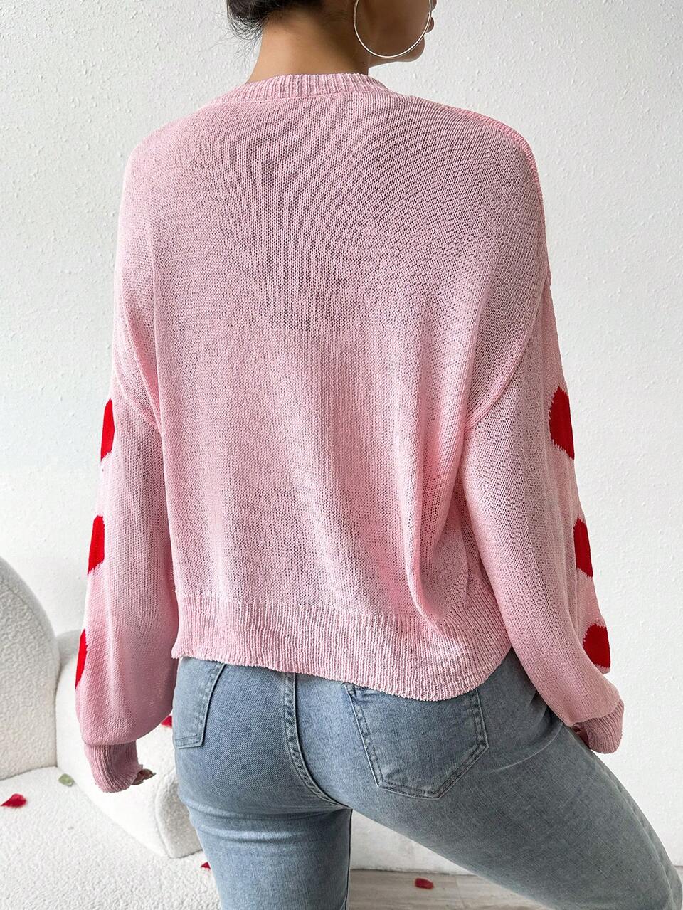 Heart Pattern Drop Shoulder Sweater Top Knit Pullover Fall Winter Sweater