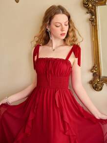 SHEIN MOD Tied Shoulder Ruffle Trimmed Red Cami Dress - Red - View 4