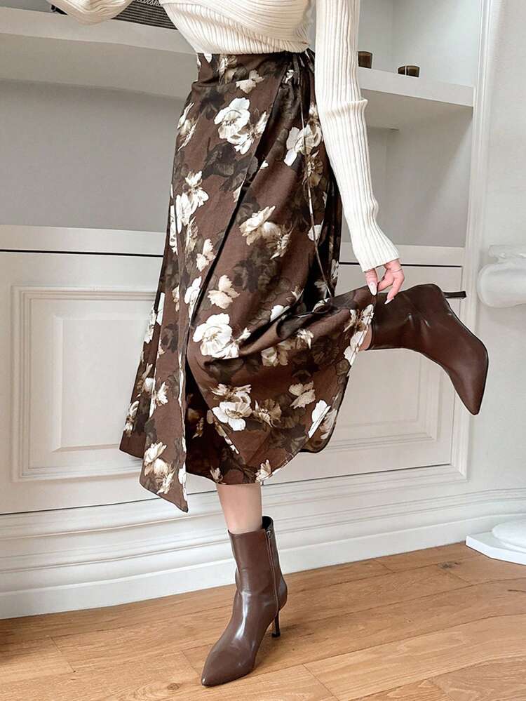 Women's Floral Print Wrap Lace-Up Skirt