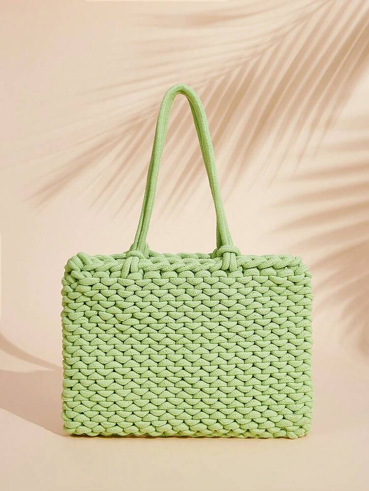 Women's Medium Green Knot Detail Crochet Tote Bag,Perfect For Summer Beach Travel Vacation,For Outdoor,Holiday