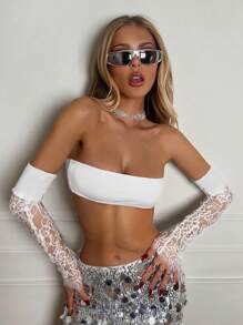 SHEIN ICON 女蕾絲拼接袖抹胸上衣 - 白色 - 查看 1