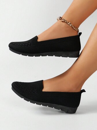 秋冬黑色休闲平底舒适一脚蹬针织透气乐福鞋，软底柔软面料工作鞋，适合孕妇、妈妈、舞蹈/芭蕾，加大码