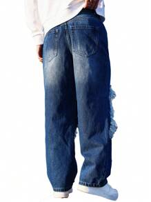 Manfinity Roghcode Loose Fit Distressed Washed Men's Jeans - Dark Wash - View 2