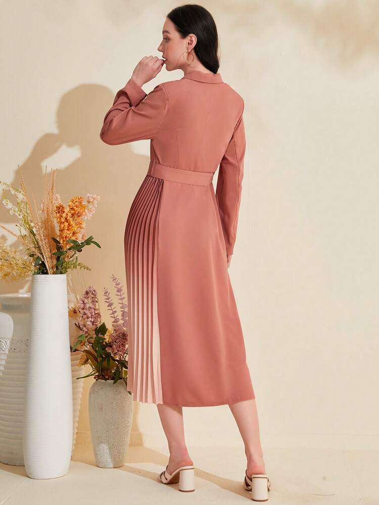 Women'S Color-Blocked Collar Pleated Hem Belted Dress Fall Cloth For Women