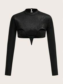 SHEIN ICON Top Ajustado Negro Con Brillos Y Recortes Para Mujer - Negro - Ver 5