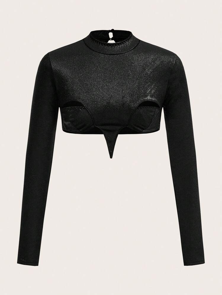 Ladies' Black Sparkly Hollow Out Slim Fit Top