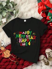 SHEIN 男童标语印花短袖T恤 - 黑色 - 查看 1