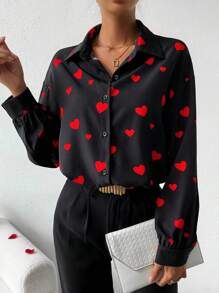 Chiquease Loose Heart Print Drop Shoulder Blouse - Black - View 1