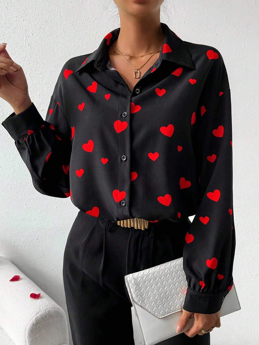 Chiquease Loose Heart Print Drop Shoulder Blouse - Black - View 1