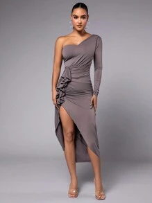 SHEIN BAE Ngày lễ tình nhân Năm mới Đêm trước Off-shoulder Một  vai Dài tay Xám Dải băng Cái nĩa cao Đầm - Xám - Xem 6