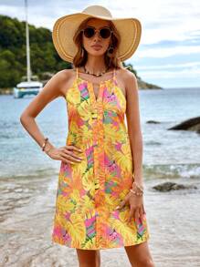 SHEIN VCAY Floral Tropical Plant Print Spaghetti Strap Summer Women Beach Dress