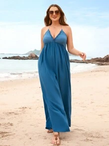 SHEIN VCAY Plus-Size Halter Neck Backless Strap Jumpsuit - Blue - View 6