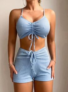 Drawstring Front Cami Top And Shorts Bikini Set Carnival - Blue - View 1