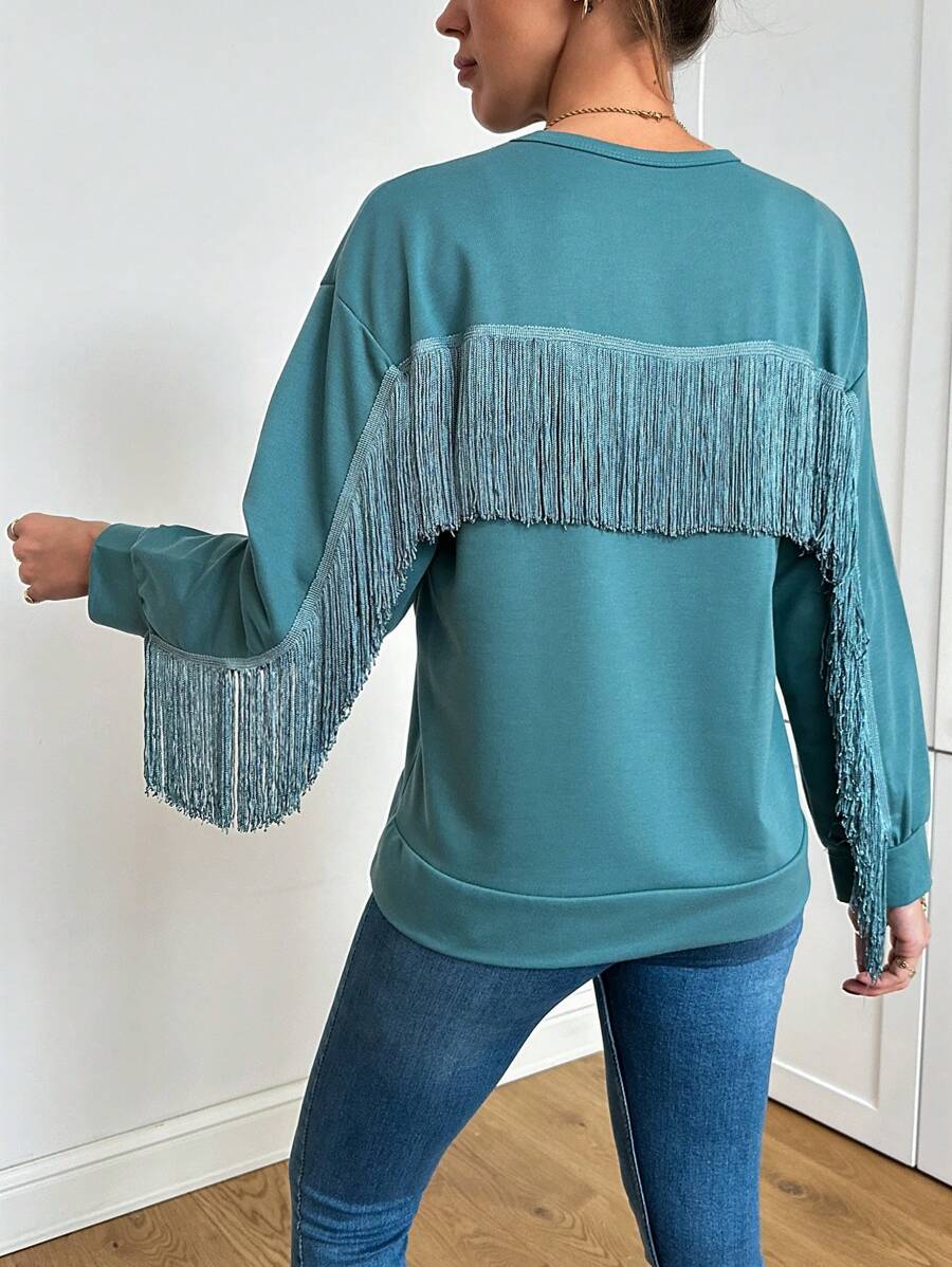SHEIN Cottnline 女式純色流蘇修身掉肩運動衫 - 青碧色 - 查看 1