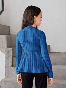 SHEIN Tween 女童休闲圆领娃娃装长袖 T 恤 - 寶藍色 - 查看 2