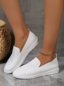 全新舒適白色透氣布料一腳蹬運動休閒鞋時尚平底鞋購物健走針織鞋 - 白色 - 查看 4