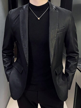 男士斑驳领PU皮长袖休闲夹克