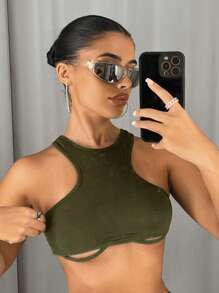 SHEIN ICON 女士純色超短袖無袖背心，適用於夏季 - 軍綠色 - 查看 3