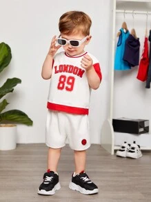 SHEIN Conjunto De Pantalones Cortos Y Top De Manga Corta Con Bloques De Color Deportivo Con Estampado De Letras Para Bebé Niño Y Niño