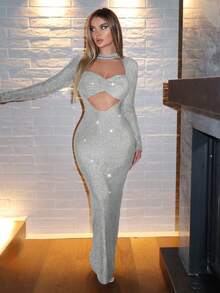 SHEIN SXY 女士閃光中空修身連身裙 - 銀色 - 查看 6