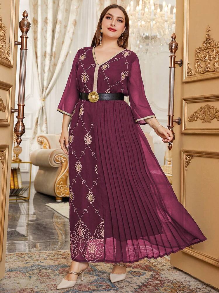 Plus Size Women's Embroidery & Pleated Patchwork Arabic Style Dress Kaftan Jalabiya Dress