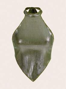 SHEIN ICON Áo hai dây Kim loại Chất rắn Ca-vát Backless Viền khăn tay - Màu xanh Ô liu - Xem 1