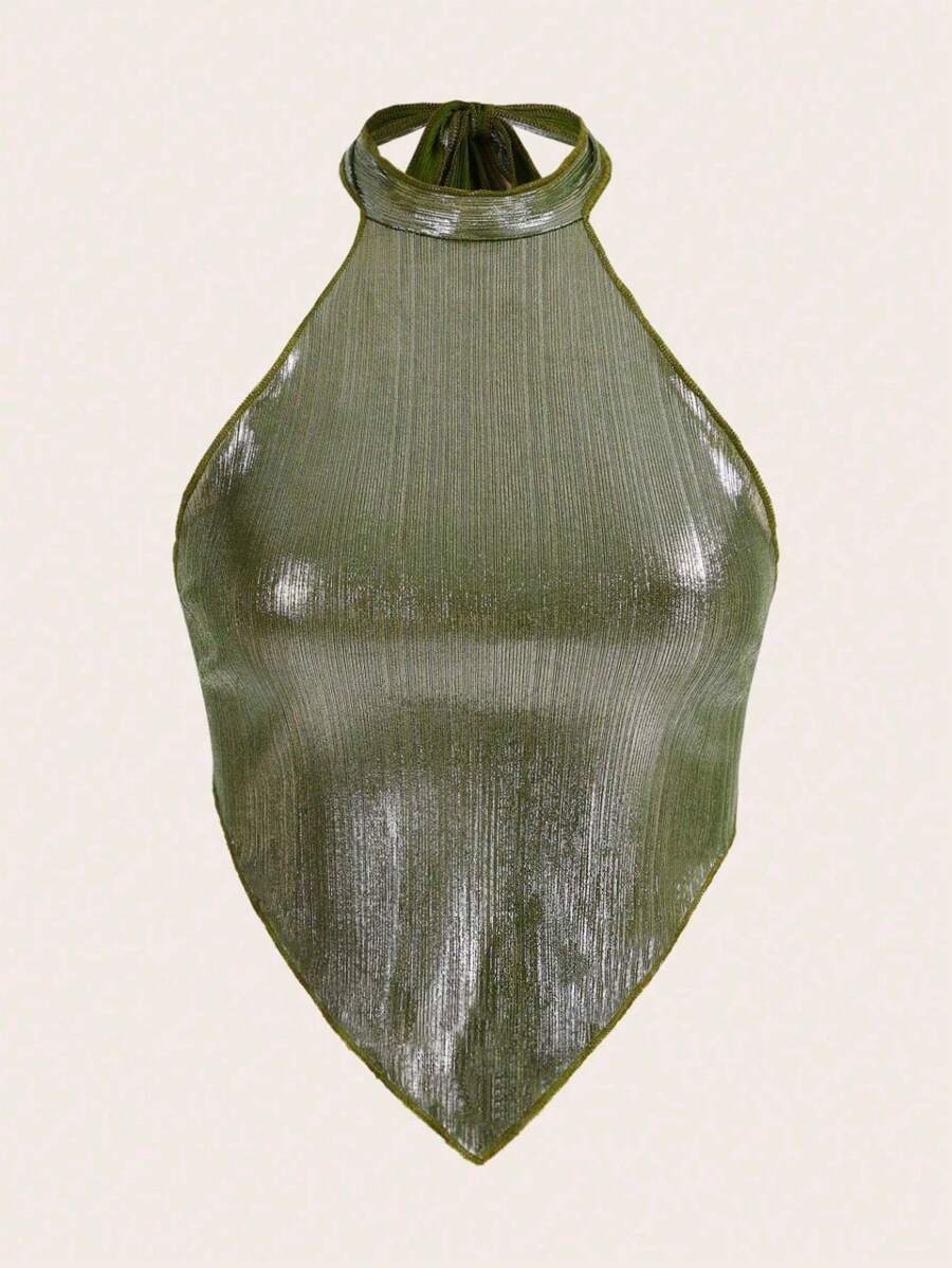 SHEIN ICON Áo hai dây Kim loại Chất rắn Ca-vát Backless Viền khăn tay - Màu xanh Ô liu - Xem 1