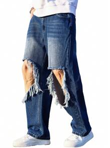 Manfinity Roghcode Loose Fit Distressed Washed Men's Jeans - Dark Wash - View 6