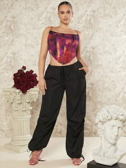 SHEIN BAE 大尺碼女士束口腰貨物褲,帶斜口袋和摺褶裝飾