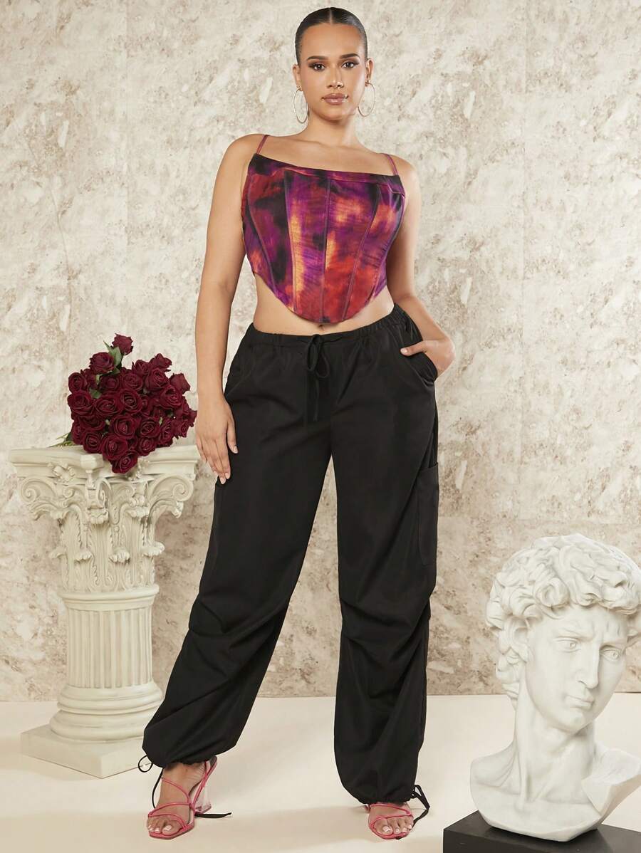 SHEIN BAE Pantalon Cargo À Taille Cordon De Serrage Pour Femmes De Grande Taille Avec Poches Inclinées Et Ourlets Plissés - Noir - Voir 1