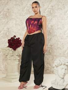 SHEIN BAE Pantalon Cargo À Taille Cordon De Serrage Pour Femmes De Grande Taille Avec Poches Inclinées Et Ourlets Plissés - Noir - Voir 6