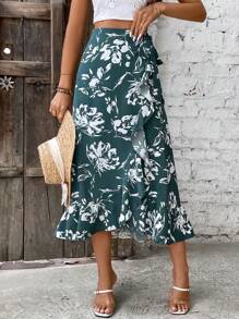 SHEIN LUNE 女款花卉荷葉邊半身裙 - 綠色 - 查看 1